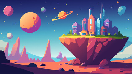 vibrant futuristic cityscape set on a floating island in a colorful alien landscape