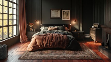 Poster - A stylish bedroom with dark color tones, luxurious bed linens, and a beautiful area rug on a polished hardwood floor.