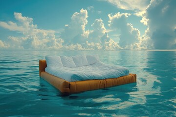 Wall Mural - a bed floating on calm ocean waters with a distant shore in sight