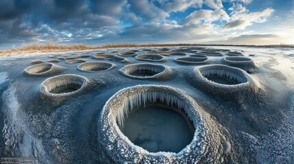 Poster - Frozen Circular Depressions In A Winter Landscape