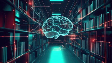 Poster - Digital Brain Illuminated In A Library Of Knowledge
