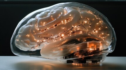 Poster - Illuminated Brain Model in Glass Enclosure
