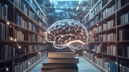 Poster - Illuminated Brain Above Books In Library Setting