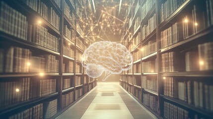 Poster - Library Bookshelves And A Human Brain Image