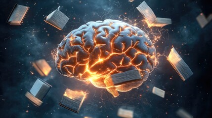Poster - Glowing Brain Absorbing Surrounding Books Knowledge