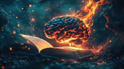 Poster - Flaming Brain Above Open Book Knowledge Ignites Mind