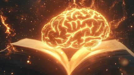 Poster - Illuminated Brain Above Open Book Representing Knowledge