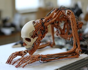 Poster - Robotic skull model in a submissive pose.