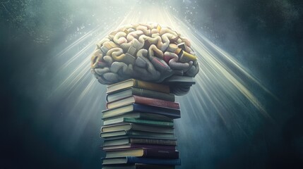Poster - A Brain Formed From Books Rests Upon A Stack Of Books