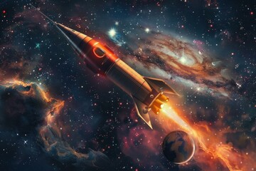 Wall Mural - spaceship exploring the universe, flying near earth and a spiral galaxy