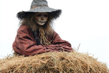 Wall Mural - A scarecrow sits atop a pile of dry hay, ready to watch over the surrounding fields