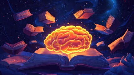 Poster - Glowing Brain Emerging from Open Book Surrounded by Flying Books