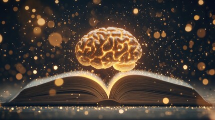 Poster - Illuminated Brain Above Open Book Representing Knowledge
