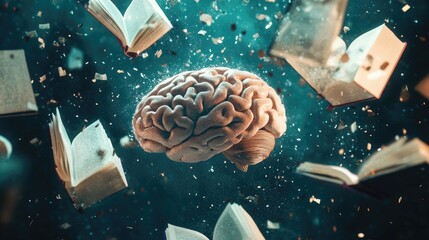 Poster - Human Brain Surrounded By Falling Books and Knowledge
