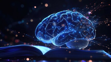 Poster - Digital Brain Hovers Above Open Book Illuminating Knowledge