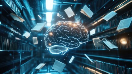 Poster - Glowing Brain Absorbing Knowledge From Books In Library