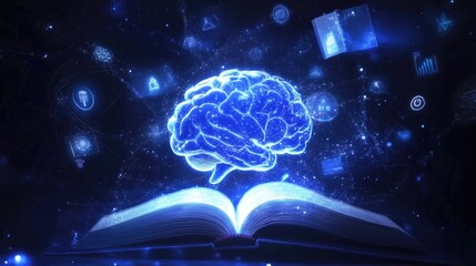 Poster - Glowing Brain Above Open Book Representing Knowledge And Learning