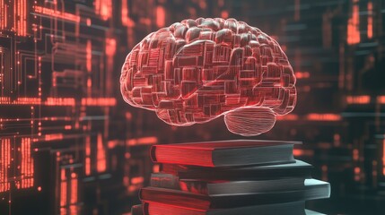 Poster - Digital Brain Above Stack of Books Represents Knowledge