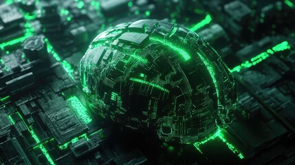 Poster - Futuristic Green Circuitry Sphere on Tech Surface