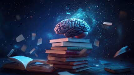 Poster - A Human Brain Rests Atop A Stack Of Books