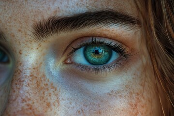 Wall Mural - Close-up shot of a person's eye with distinctive freckles, suitable for use in portraits or illustrations