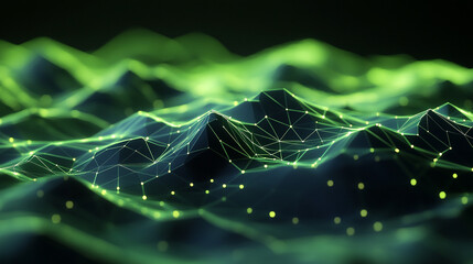 Poster - Abstract representation of green and black digital landscape with glowing nodes and lines