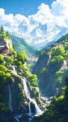 Wall Mural - Mountain Village Waterfall Scenic Landscape Painting