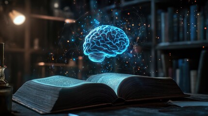Poster - Glowing Brain Above Open Book In Library Setting