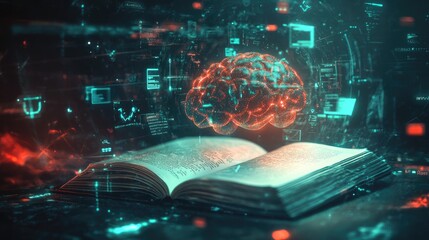 Poster - Digital Brain Above Open Book Representing Knowledge