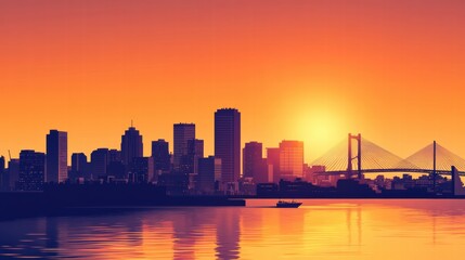 Aufkleber - Urban skyline featuring iconic towers and bridges at sunset with vibrant orange hues illuminating the horizon. Generative AI