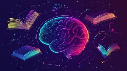Poster - A vibrant brain surrounded by colorful open books