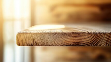 Poster - Sunlit Wooden Table Edge Close Up View