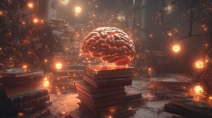 Poster - Glowing Brain Atop Stack Of Ancient Books In Mystical Setting