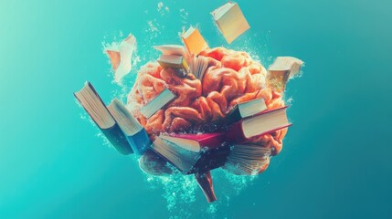 Poster - A human brain submerged in books and knowledge