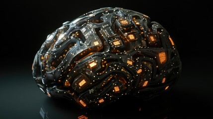 Poster - A Futuristic Metallic Brain Glowing With Internal Circuits
