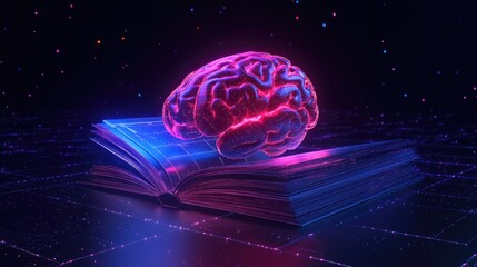 Poster - Glowing Brain Resting Upon an Open Book of Knowledge