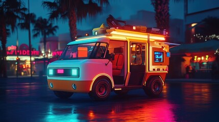 Poster - Neon Retro Van City Night Drive Adventure