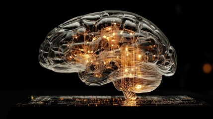 Poster - Glass Brain Illuminated Circuitry Represents Digital Mind