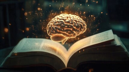 Poster - Glowing Brain Above Open Book Illuminating Knowledge