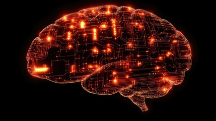 Poster - A Digital Brain Circuitry Illuminated In Orange Hues