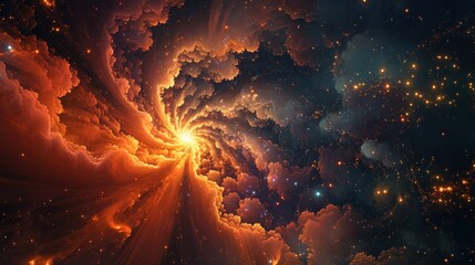 Wall Mural - Fiery cosmic swirl, radiating light through swirling clouds and stars.