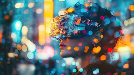 Poster - Woman Wearing Futuristic Headset Views Code in City Lights