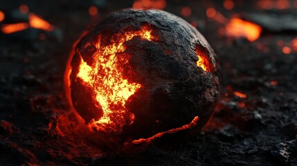 Wall Mural - Glowing volcanic rock sphere on fiery ground.