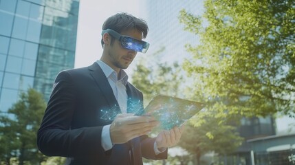 Poster - Businessman using futuristic technology outdoors in urban setting