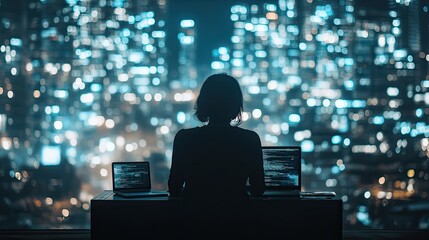 Leinwandbilder - Woman Codes Late at Night City Lights Background
