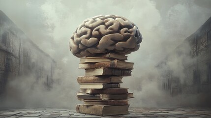Poster - A human brain rests atop a stack of old books
