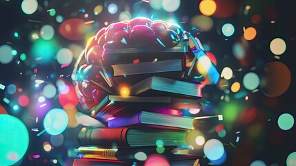 Poster - A Brain Supported by a Stack of Books Illuminates Knowledge