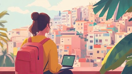 Poster - Woman Working Remotely Overlooking A Cityscape