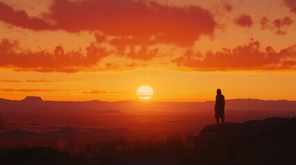 Aufkleber - Traveler gazes at breathtaking sunset over vast landscape during twilight. Generative AI