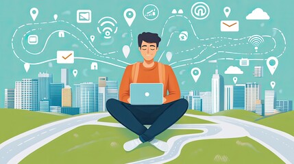 Poster - Young Man Working Remotely Amidst Cityscape